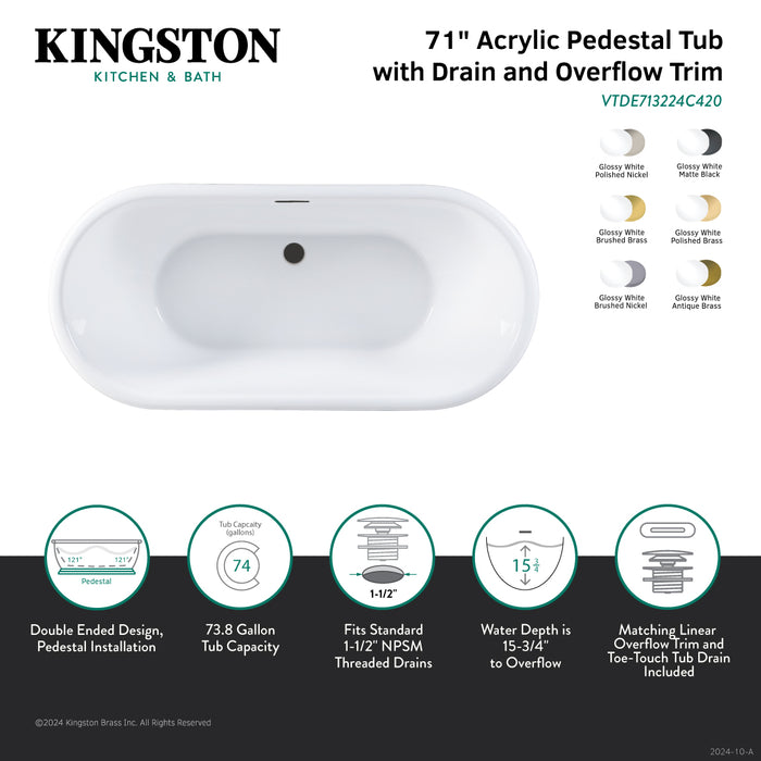 Aqua Eden VTDE713224C427 71-Inch Acrylic Oval Double Ended Pedestal Tub with Drain (No Faucet Drillings), Glossy White/Brushed Brass