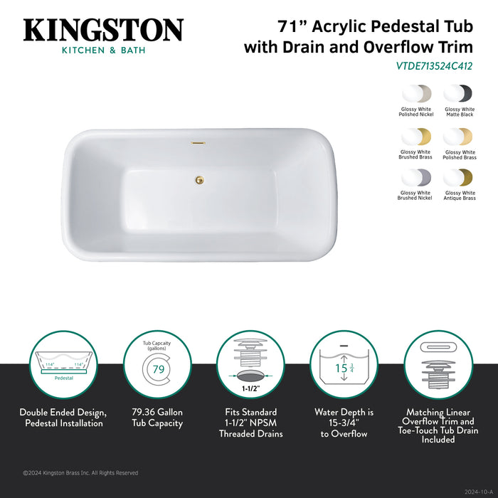 Kingston Heirloom VTDE713524C413 - Aqua Eden 71-Inch Acrylic Oval Rectangular Double Ended Pedestal Tub with Drain (No Faucet Drillings), Glossy White/Antique Brass