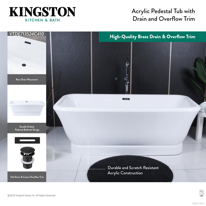 Kingston Heirloom VTDE713524C416 - Aqua Eden 71-Inch Acrylic Oval Rectangular Double Ended Pedestal Tub with Drain (No Faucet Drillings), Glossy White/Polished Nickel