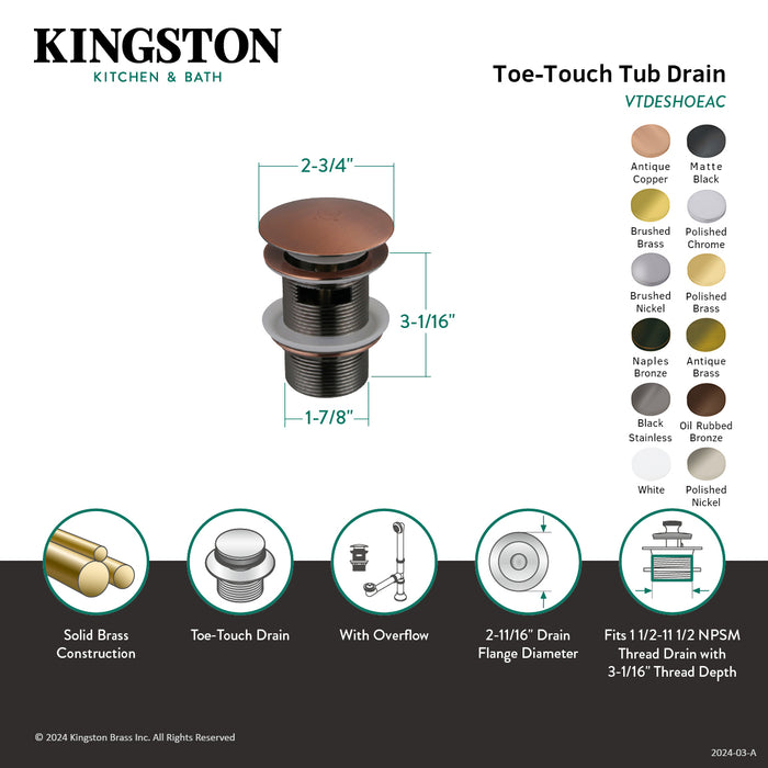 Kingston Sona VTDESHOEPB - Trimscape Brass Toe Touch Tub Drain Shoe with Overflow, Polished Brass