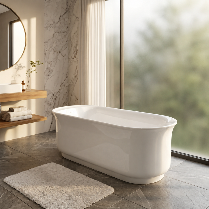 Kingston Aqua Eden VTDR662723 66-Inch Acrylic Oval Double Ended Freestanding Tub with Drain and Anti-Skid Surface, Glossy White