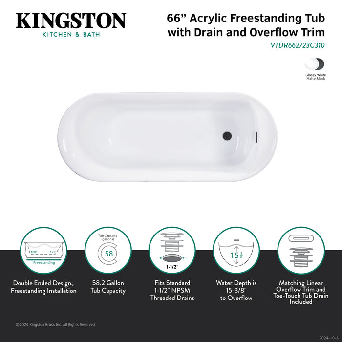 Kingston Sona VTDR662723C310 - Aqua Eden 66-Inch Acrylic Oval Double Ended Freestanding Tub with Drain and Anti-Skid Surface, Glossy White/Matte Black