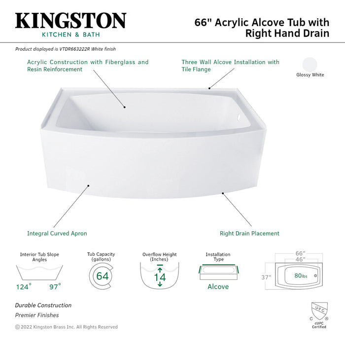Aqua Eden VTDR663222R 66-Inch Acrylic Curved Rectangular Apron 3-Wall Alcove Tub, Right Hand Drain, Glossy White