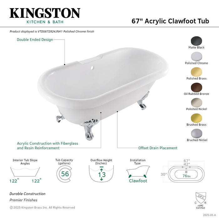 Kingston Heirloom VTDS672924JNH0 - Aqua Eden 67-Inch Acrylic Oval Double Ended Clawfoot Tub (No Faucet Drillings), Glossy White/Matte Black
