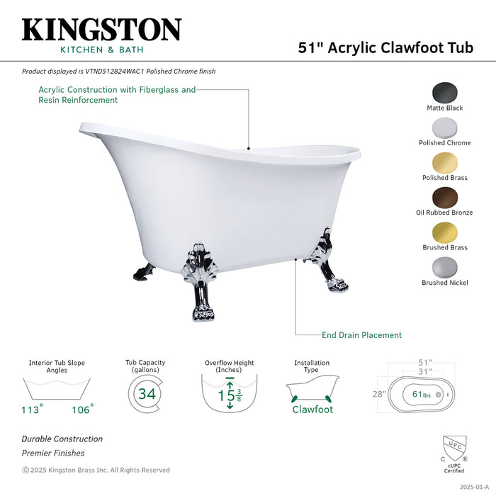 Kingston Heirloom VTND512824WAC1 - Aqua Eden 51-Inch Acrylic Oval Double Slipper Clawfoot Tub (No Faucet Drillings), Glossy White/Polished Chrome