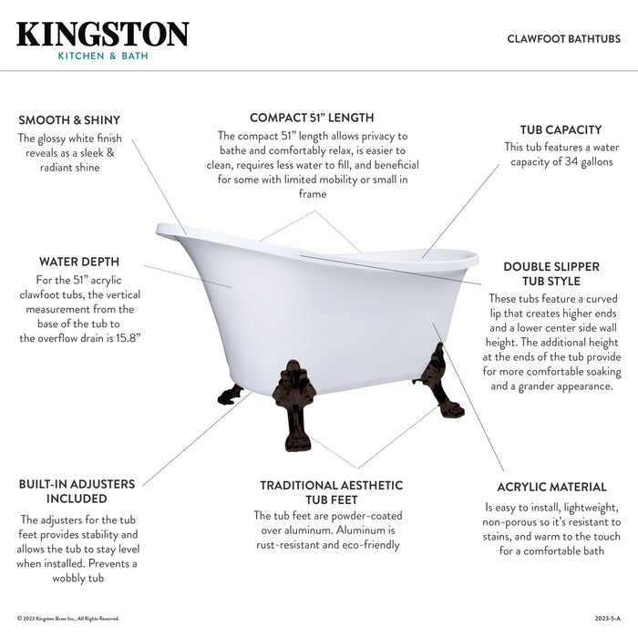 Kingston Heirloom VTND512824WAC8 - Aqua Eden 51-Inch Acrylic Oval Double Slipper Clawfoot Tub (No Faucet Drillings), Glossy White/Brushed Nickel