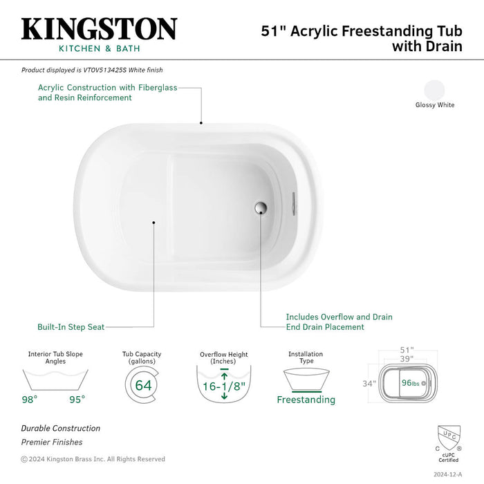 Kingston Sona VTOV513425S - Aqua Eden 51-Inch Acrylic Oval Rectangular Double Ended Freestanding Tub with Drain, Glossy White