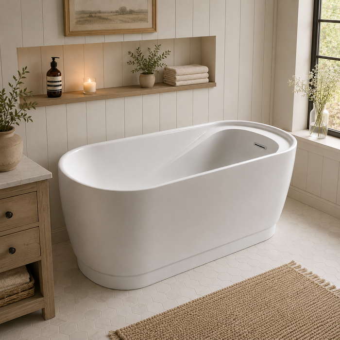 Kingston Sona VTOV592925S - Aqua Eden 59-Inch Acrylic Oval Double Ended Freestanding Tub with Drain and Integrated Seat, Glossy White