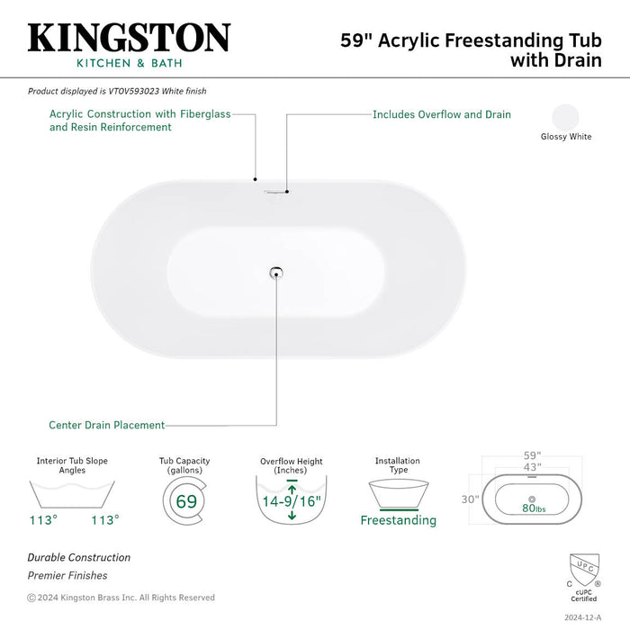 Kingston Sona VTOV593023 - Aqua Eden 59-Inch Acrylic Oval Double Ended Freestanding Tub with Drain, Glossy White