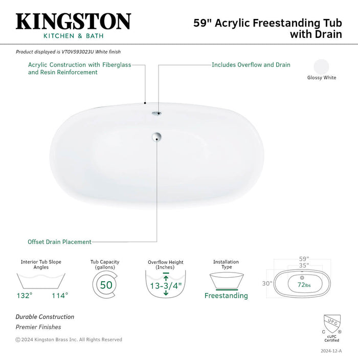 Kingston Sona VTOV593023U - Aqua Eden 59-Inch Acrylic Oval Double Ended Freestanding Tub with Drain, Glossy White