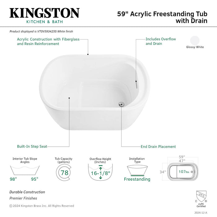 Kingston Sona VTOV593425S - Aqua Eden 59-Inch Acrylic Oval Rectangular Double Ended Freestanding Tub with Drain, Glossy White