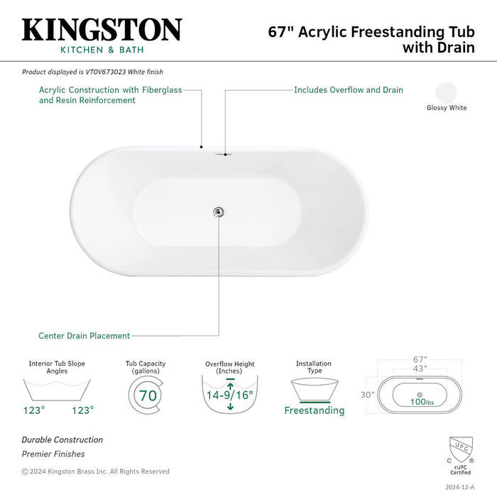 Kingston Sona VTOV673023 - Aqua Eden 67-Inch Acrylic Oval Double Ended Freestanding Tub with Drain, Glossy White