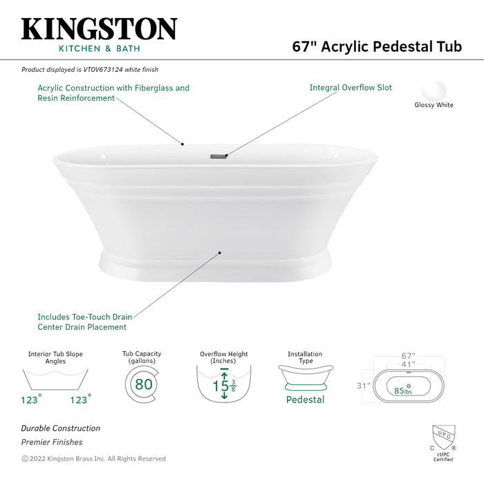 Kingston Heirloom VTOV673124 - Aqua Eden 67-Inch Acrylic Oval Double Ended Pedestal Tub with Drain (No Faucet Drillings), Glossy White