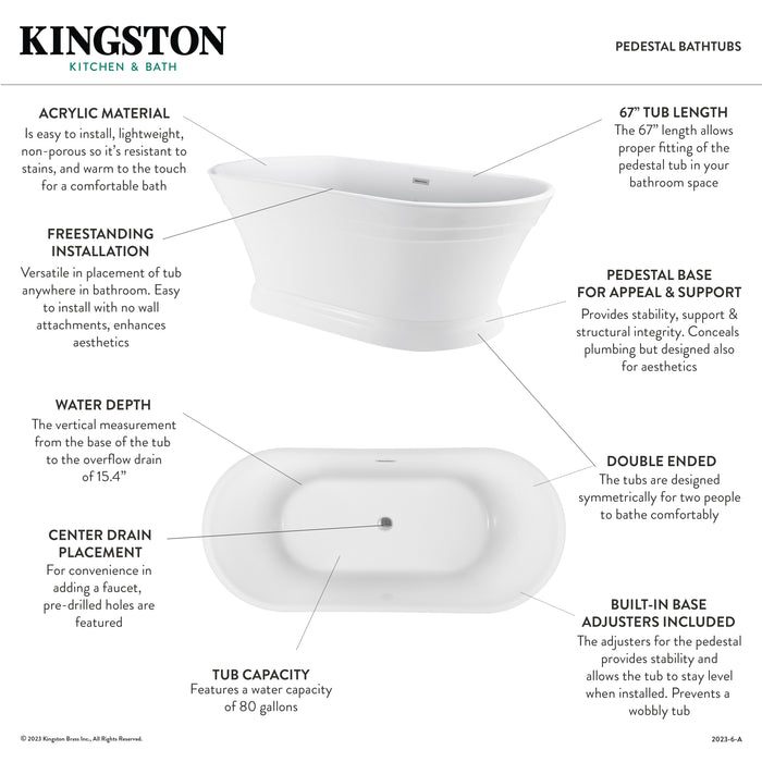 Kingston Heirloom VTOV673124 - Aqua Eden 67-Inch Acrylic Oval Double Ended Pedestal Tub with Drain (No Faucet Drillings), Glossy White