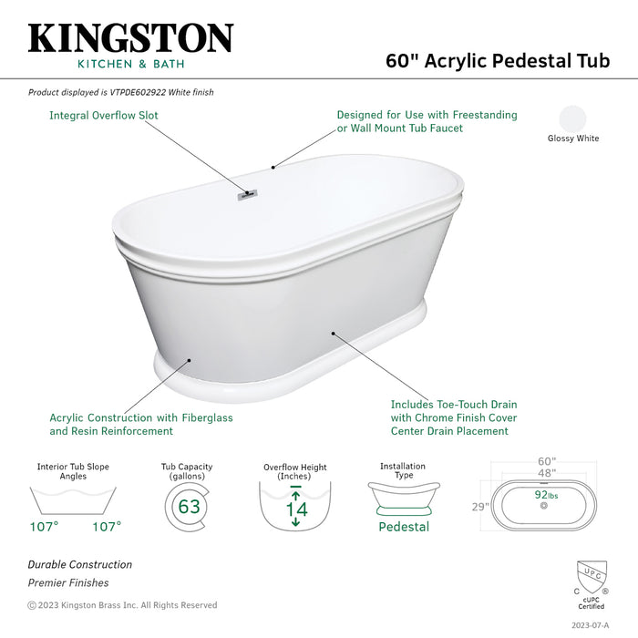 Aqua Eden VTPDE602922 60-Inch Acrylic Oval Double Ended Pedestal Tub with Drain (No Faucet Drillings), Glossy White