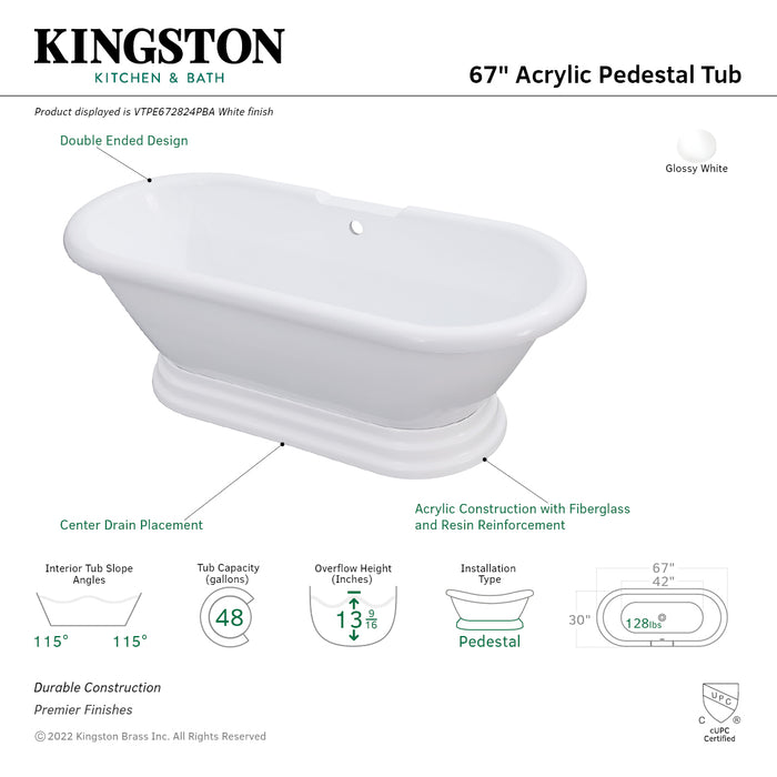 Kingston Heirloom VTPE672824PBA - Aqua Eden 67-Inch Acrylic Oval Double Ended Pedestal Tub (No Faucet Drillings), Glossy White