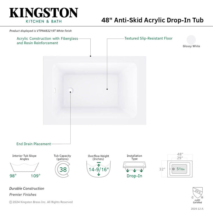 Aqua Eden VTPN483219T 48-Inch Acrylic Rectangular Drop-In Tub with Anti-Skid Surface, Glossy White