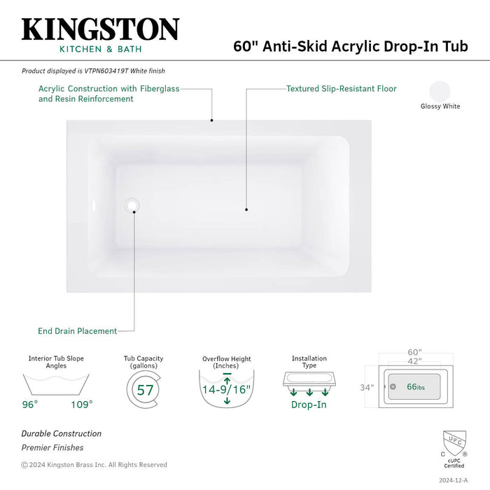 KINGSTON Brass Aqua Eden VTPN603419T 60-Inch Acrylic Rectangular
