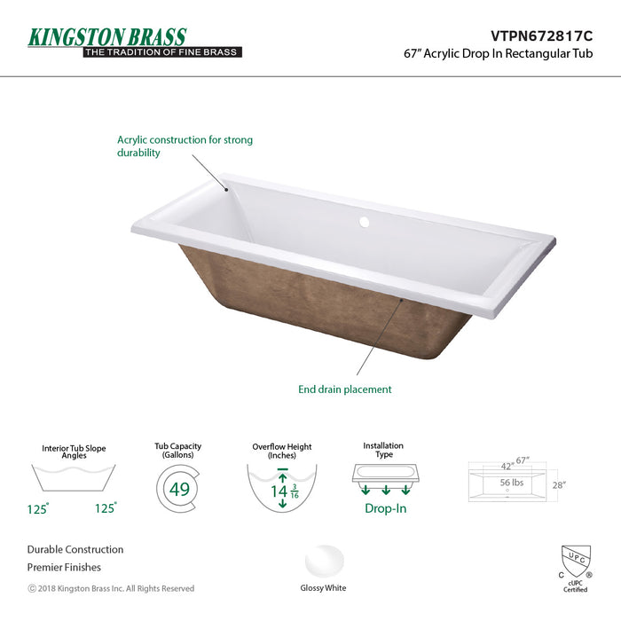Aqua Eden VTPN672817C 67-Inch Acrylic Rectangular Drop-In Tub with Center Drain Hole, Glossy White