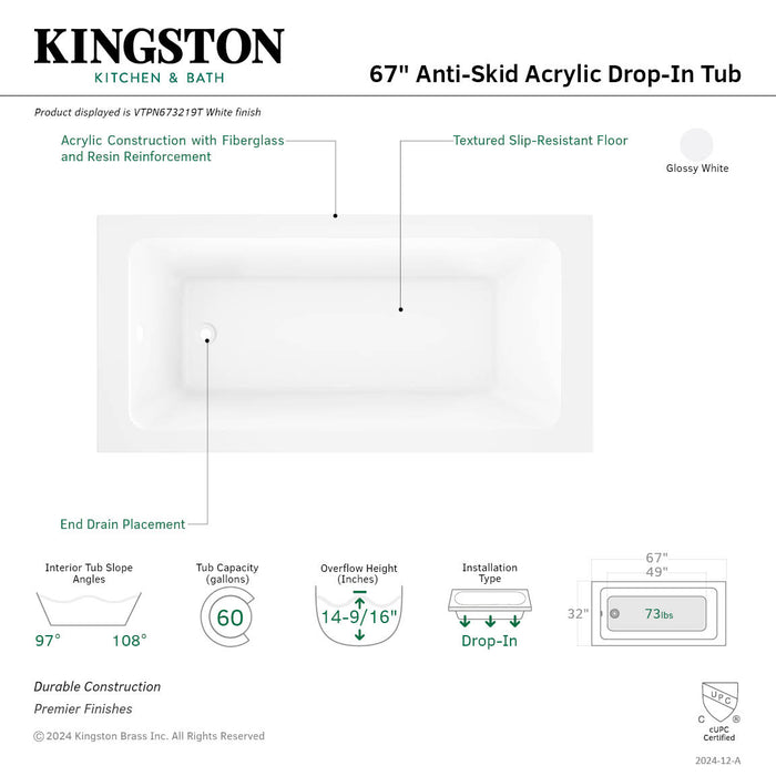 Aqua Eden VTPN673219T 67-Inch Acrylic Rectangular Drop-In Tub with Anti-Skid Surface, Glossy White