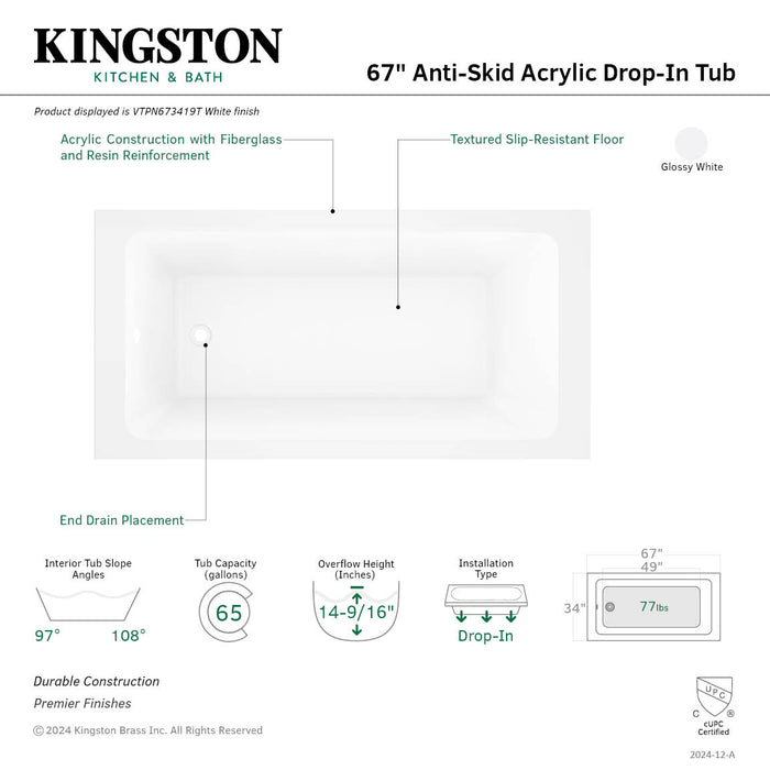Kingston Aqua Eden VTPN673419T 67-Inch Acrylic Rectangular Drop-In Tub with Anti-Skid Surface, Glossy White