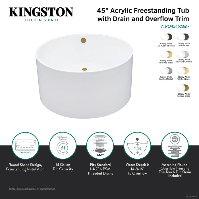 Kingston Sona VTRO454523M3 - Aqua Eden 45-Inch Acrylic Round Double Ended Freestanding Tub with Overflow/Drain Assembly, Glossy White/Antique Brass