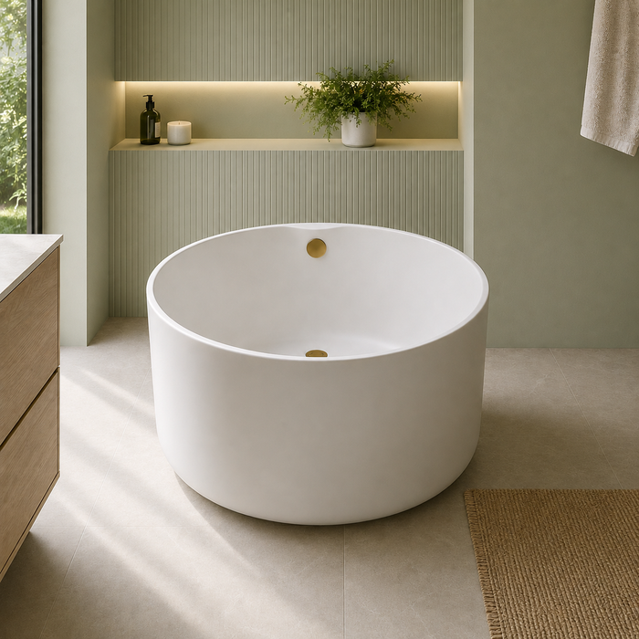 Kingston Sona VTRO454523M7 - Aqua Eden 45-Inch Acrylic Round Double Ended Freestanding Tub with Overflow/Drain Assembly, Glossy White/Brushed Brass