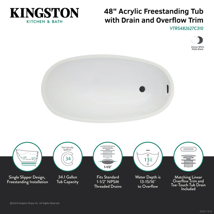 Kingston Sona VTRS482627C310 - Aqua Eden 48-Inch Acrylic Oval Single Slipper Freestanding Tub with Drain, Glossy White/Matte Black