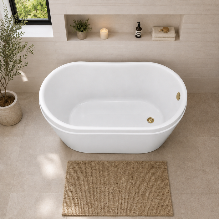 Kingston Sona VTRS522928M2 - Aqua Eden 52-Inch Acrylic Oval Double Slipper Freestanding Tub with Overflow/Drain Assembly, Glossy White/Polished Brass