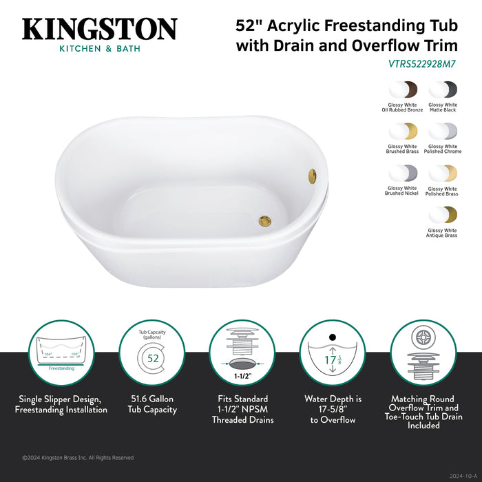 Kingston Sona VTRS522928M8 - Aqua Eden 52-Inch Acrylic Oval Double Slipper Freestanding Tub with Overflow/Drain Assembly, Glossy White/Brushed Nickel