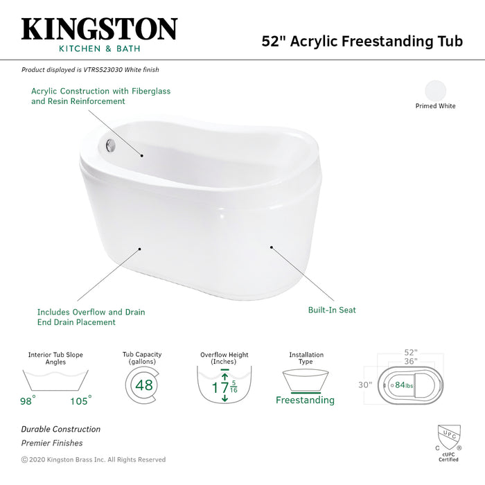 Kingston Sona VTRS523030 - Aqua Eden 52-Inch Acrylic Oval Single Slipper Freestanding Tub with Drain and Integrated Seat, Glossy White
