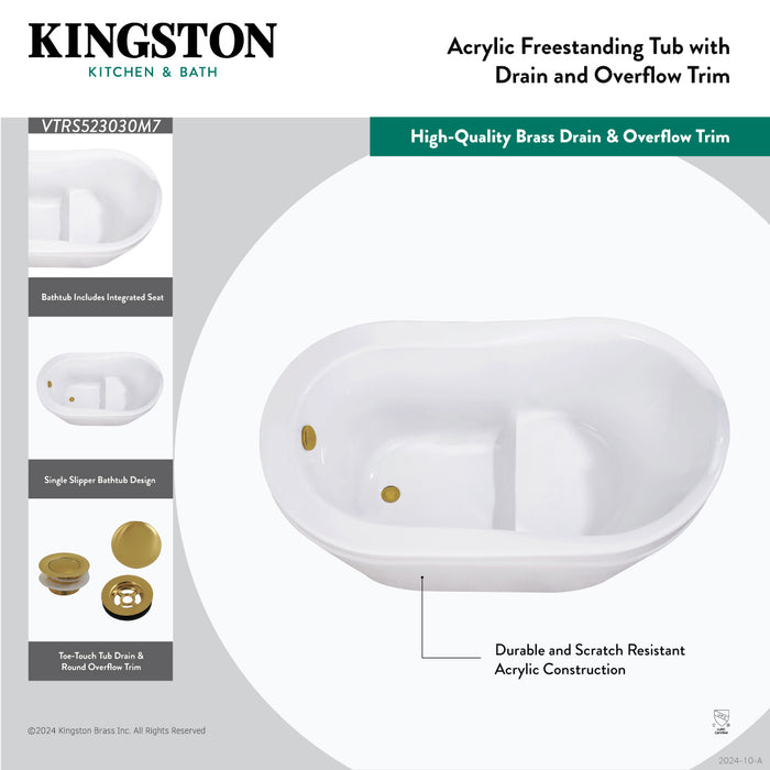 Kingston Sona VTRS523030M2 - Aqua Eden 52-Inch Acrylic Oval Single Slipper Freestanding Tub with Overflow/Drain Assembly and Integral Seat, Glossy White/Polished Brass