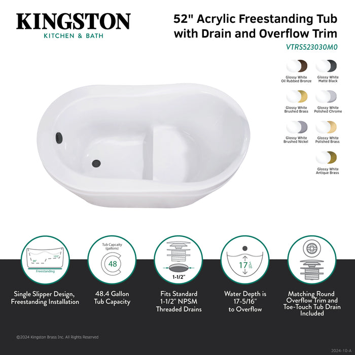 Kingston Sona VTRS523030M7 - Aqua Eden 52-Inch Acrylic Oval Single Slipper Freestanding Tub with Overflow/Drain Assembly and Integral Seat, Glossy White/Brushed Brass