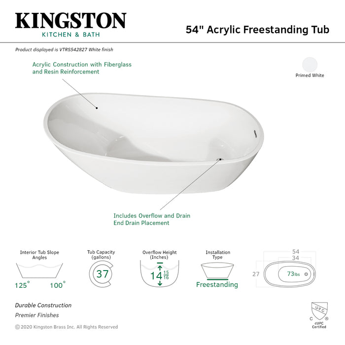 Aqua Eden VTRS542827 54-Inch Acrylic Oval Single Slipper Freestanding Tub with Drain, Glossy White