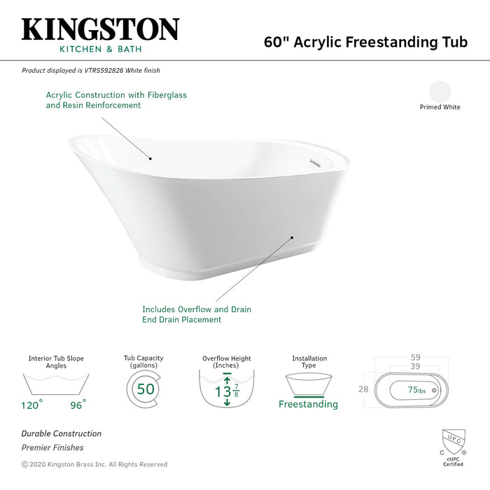Kingston Sona VTRS592826 - Begonia 60-Inch Acrylic Oval Single Slipper Freestanding Tub with Drain, Glossy White