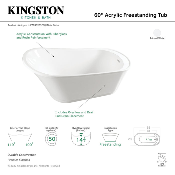 Kingston Sona VTRS592826Q - Freesia 60-Inch Acrylic Oval Single Slipper Freestanding Tub with Drain, Glossy White