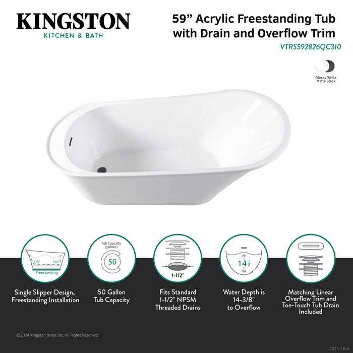Kingston Sona VTRS592826QC310 - Aqua Eden 59-Inch Acrylic Oval Single Slipper Freestanding Tub with Drain, Glossy White/Matte Black