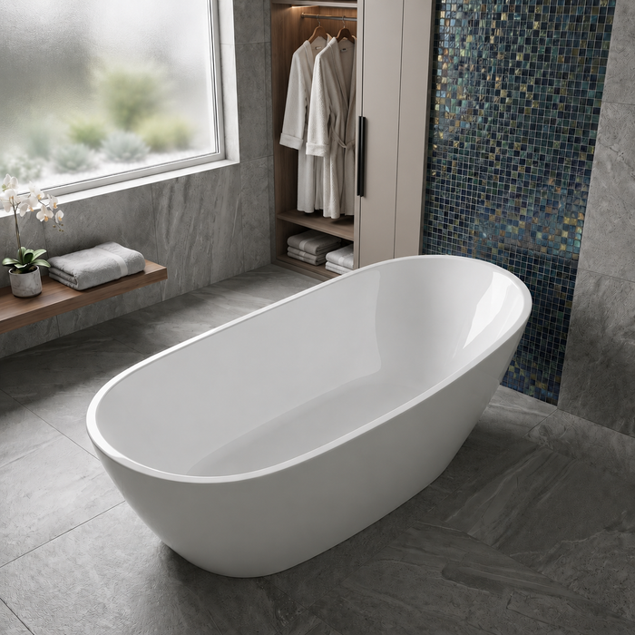 Kingston Sona VTRS632927 - Aqua Eden 63-Inch Acrylic Oval Single Slipper Freestanding Tub with Drain, Glossy White