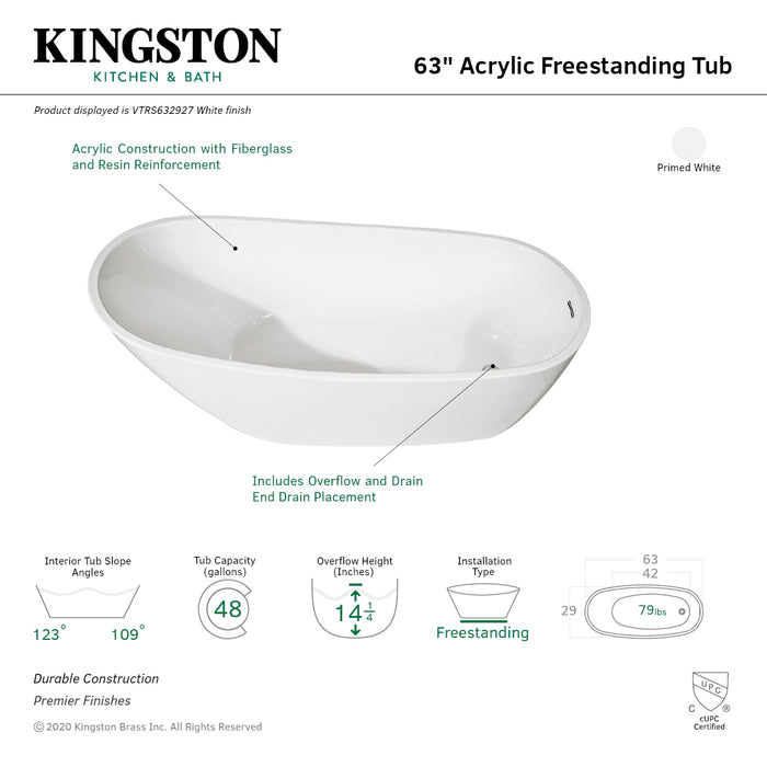 Kingston Sona VTRS632927 - Aqua Eden 63-Inch Acrylic Oval Single Slipper Freestanding Tub with Drain, Glossy White