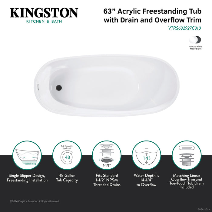 Kingston Sona VTRS632927C310 - Aqua Eden 63-Inch Acrylic Oval Single Slipper Freestanding Tub with Drain, Glossy White/Matte Black