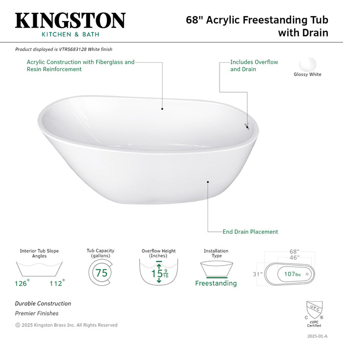 Kingston Sona VTRS683128 - Aqua Eden 68-Inch Acrylic Oval Single Slipper Freestanding Tub with Drain, Glossy White