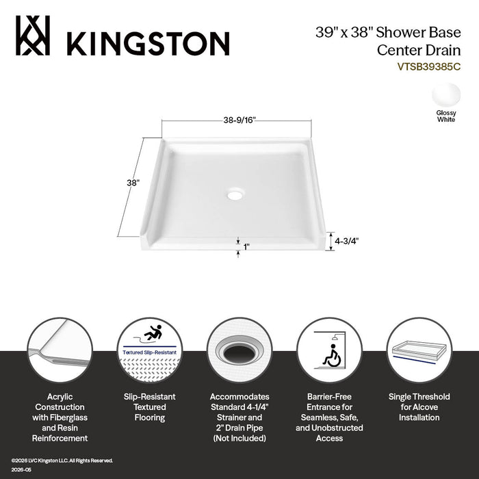 Kingston Madura VTSB39385C 39-Inch x 38-Inch Anti-Skid Acrylic Barrier Free Single Threshold Shower Base with Center Drain, Glossy White