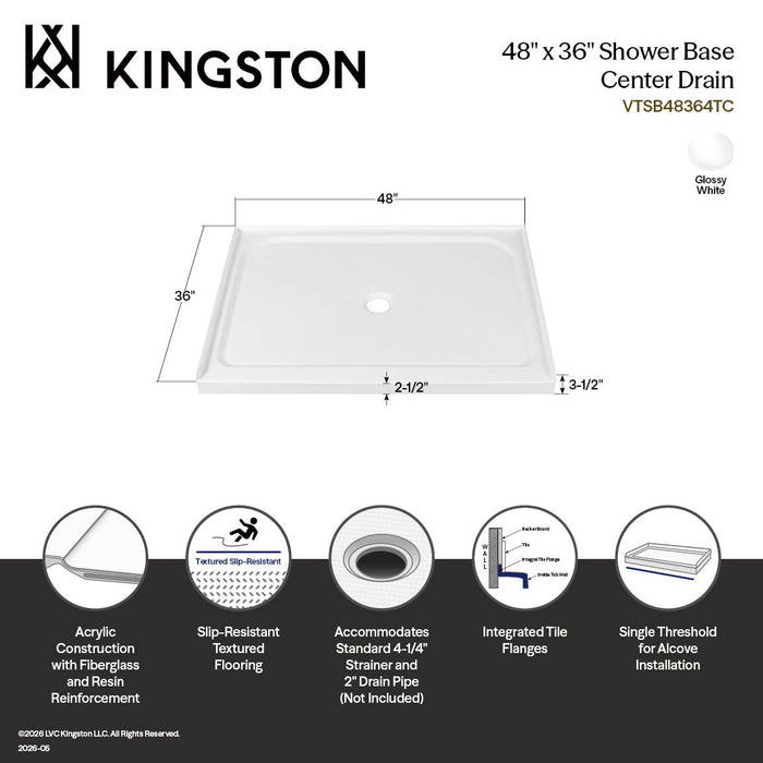 Kingston Jarvis VTSB48364TC 48-Inch x 36-Inch Anti-Skid Acrylic Single Threshold Shower Base with Center Drain, Glossy White