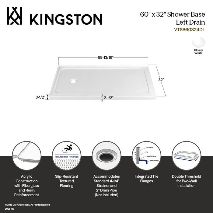 Kingston Nauru VTSB60324DL 60-Inch x 32-Inch Anti-Skid Acrylic Double Threshold Shower Base with Left Drain, Glossy White