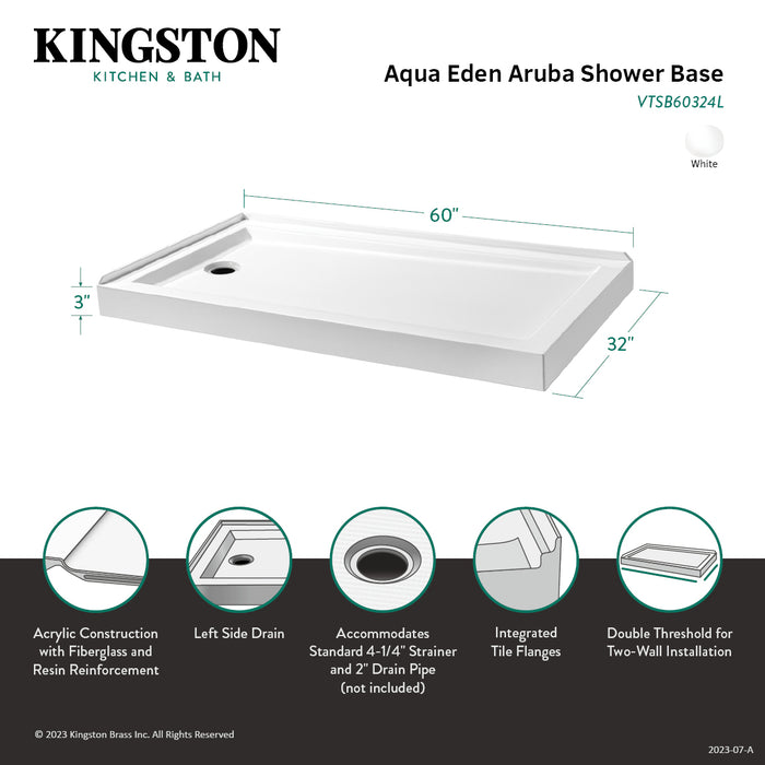 Kingston Tulare VTSB60324L - Aruba 60-Inch x 32-Inch Acrylic Double Threshold Shower Base with Left Drain, Glossy White