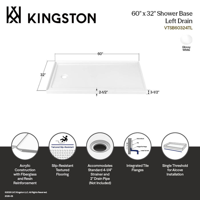 Kingston Barbuda VTSB60324TL 60-Inch x 32-Inch Anti-Skid Acrylic Single Threshold Shower Base with Left Drain, Glossy White