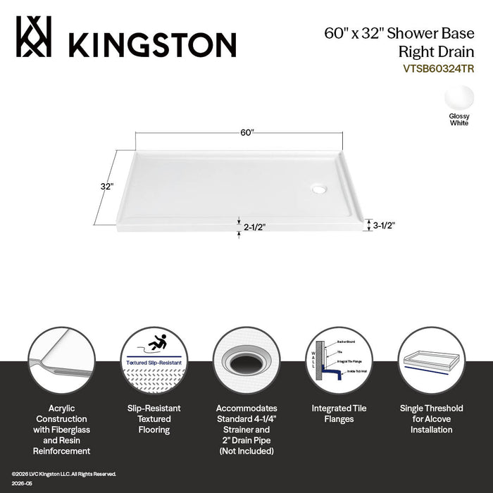 Kingston Barbuda VTSB60324TR 60-Inch x 32-Inch Anti-Skid Acrylic Single Threshold Shower Base with Right Drain, Glossy White