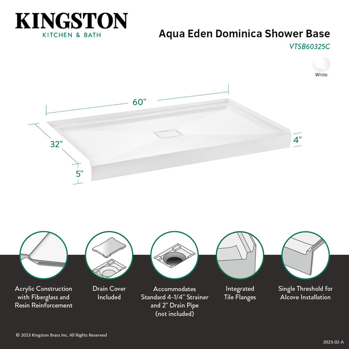 Kingston Sona VTSB60325C - Dominica 60-Inch x 32-Inch Acrylic Single Threshold Shower Base with Center Drain, White