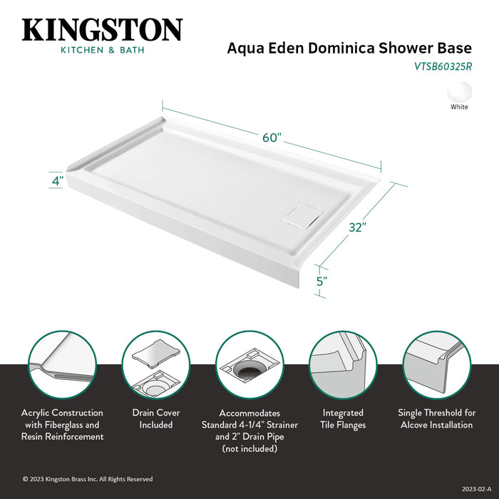 Kingston Sona VTSB60325R - Dominica 60-Inch x 32-Inch Acrylic Single Threshold Shower Base with Right Hand Drain, White