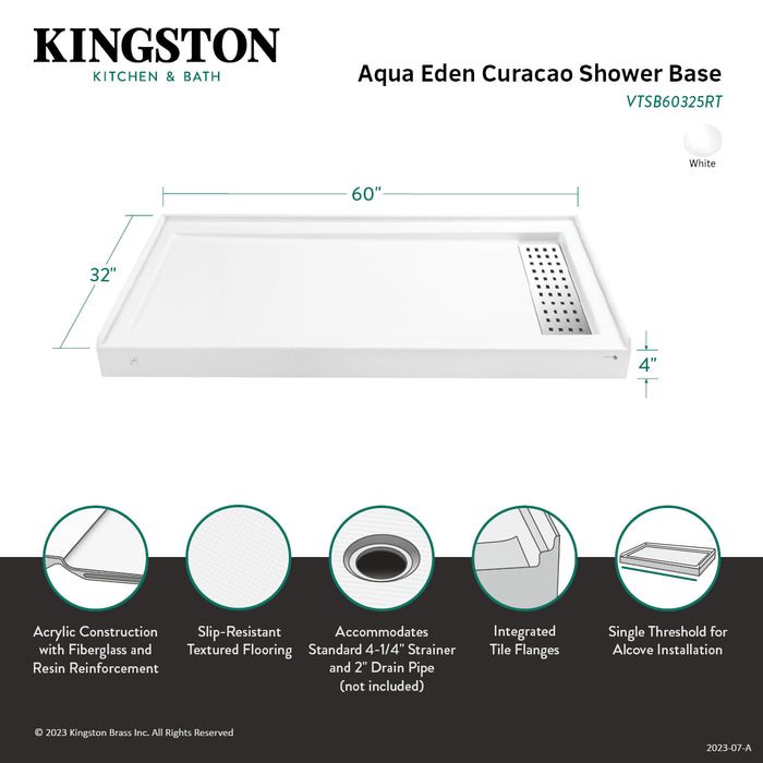 Kingston Sona VTSB60325RT - Curacao 60-Inch x 32-Inch Anti-Skid Acrylic Single Threshold Shower Base with Right Drain, Glossy White